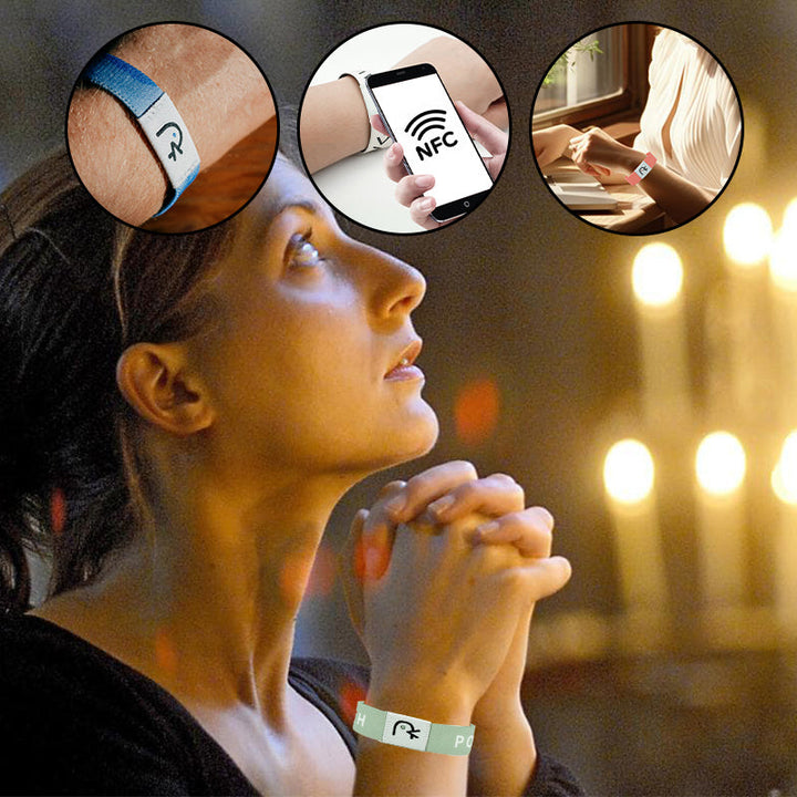 "Unisex bibelarmband med NFC-funktion, justerbart polyesterband, flerfärgat. Stilfullt och meningsfullt accessoarval."