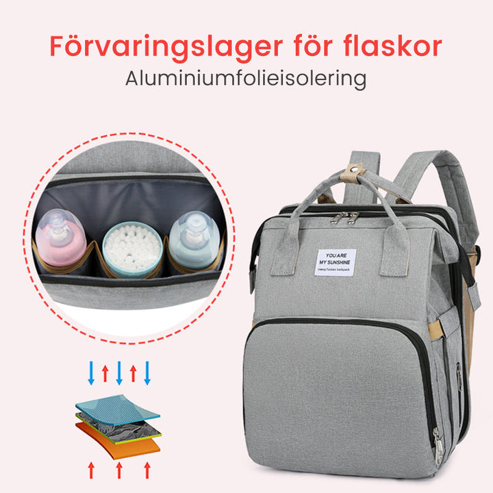 "Unisex blöja ryggsäck med inbyggt skötbord, stort förvaringsutrymme och hållbart, vattentätt Oxford-tyg."
