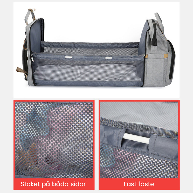 "Unisex blöja ryggsäck med inbyggt skötbord, stort förvaringsutrymme och hållbart, vattentätt Oxford-tyg."