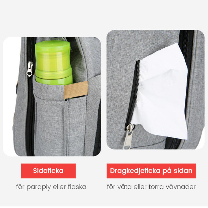"Unisex blöja ryggsäck med inbyggt skötbord, stort förvaringsutrymme och hållbart, vattentätt Oxford-tyg."