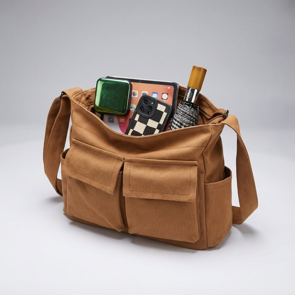 Unisex modell bär en grå canvas crossbody väska bekvämt över axeln. Idealisk för daglig användning.