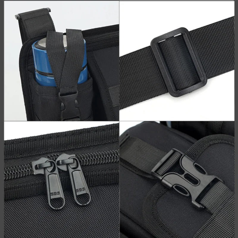 Unisex crossbody axelväska i tåligt tyg, grå. Framifrån med dragkedjor och justerbar rem, perfekt för organiserad förvaring.