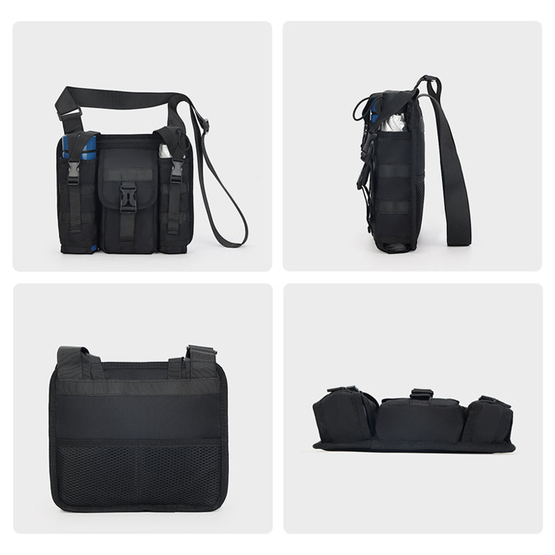 Unisex crossbody axelväska i tåligt tyg, grå. Framifrån med dragkedjor och justerbar rem, perfekt för organiserad förvaring.