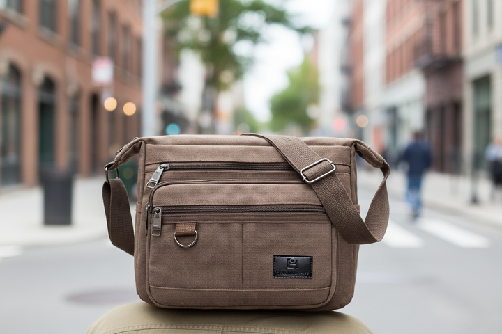 Unisex crossbodyväska i canvas med RFID-skydd & flera fickor, perfekt för organiserad resa och vardag.