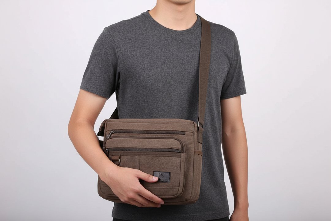 Detaljbild av unisex crossbodyväska med synliga dragkedjefickor och inbyggt RFID-skydd.