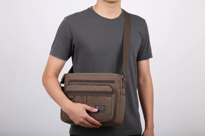Detaljbild av unisex crossbodyväska med synliga dragkedjefickor och inbyggt RFID-skydd.