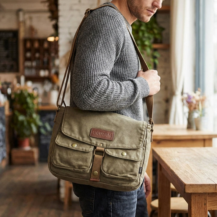 Unisex crossbodyväska i vintagestil av slitstark canvas. Perfekt axelremsväska för vardagsbruk och resor.