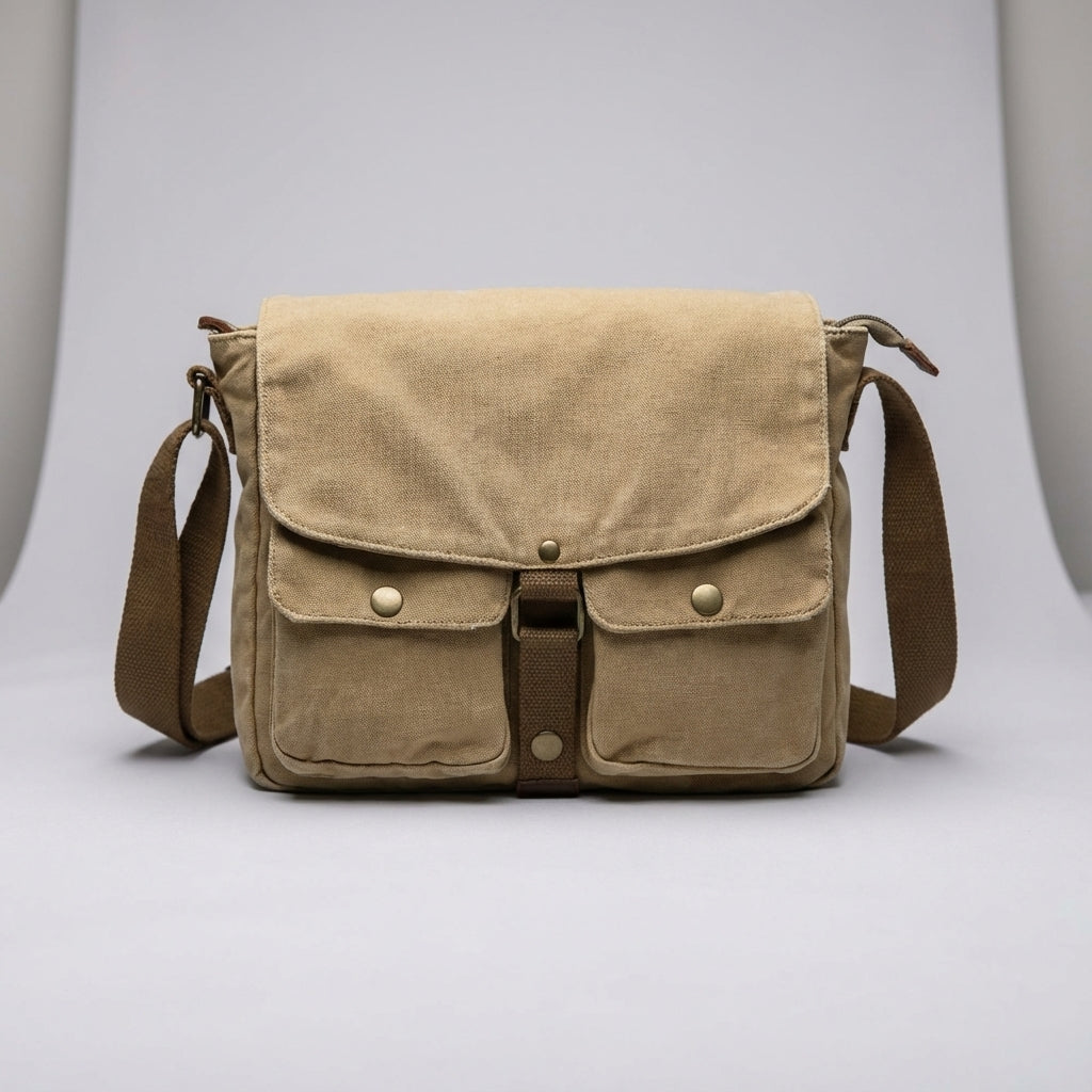 Stilren unisex crossbodyväska i vintagestil. Mångsidig canvasväska för både stads- och reseäventyr.