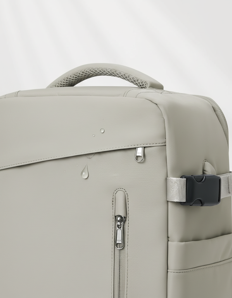 Svart EasyCarry reseryggsäck i profil, visar kompakta mått och sidofack, perfekt som handbagage.