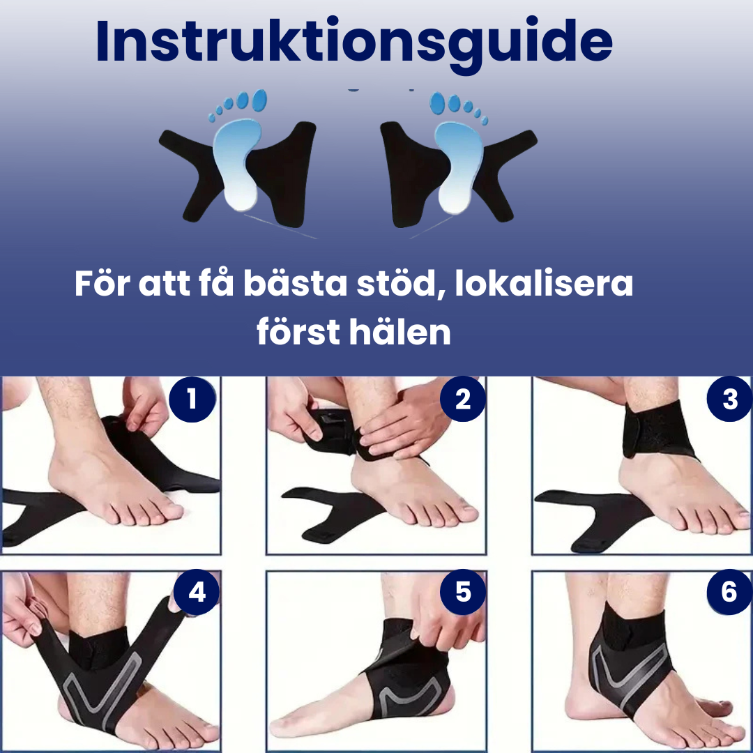 Närbild på justerbart elastiskt fotledsstöd. Ger fotskydd, stabilitet & komfort för alla aktiviteter.