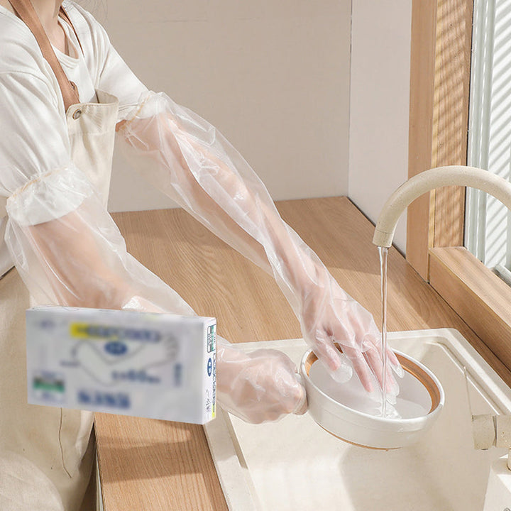 Unisex engångshandskar i plast, extra långa 60 cm, skyddar händer och armar. Perfekta för veterinär- och städarbete.