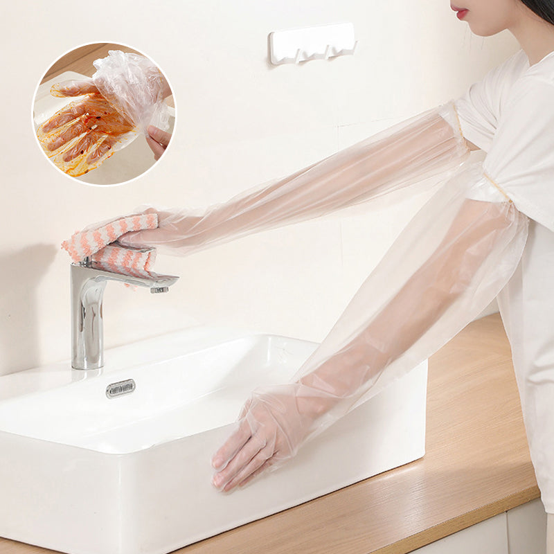 Unisex engångshandskar i plast, extra långa 60 cm, skyddar händer och armar. Perfekta för veterinär- och städarbete.