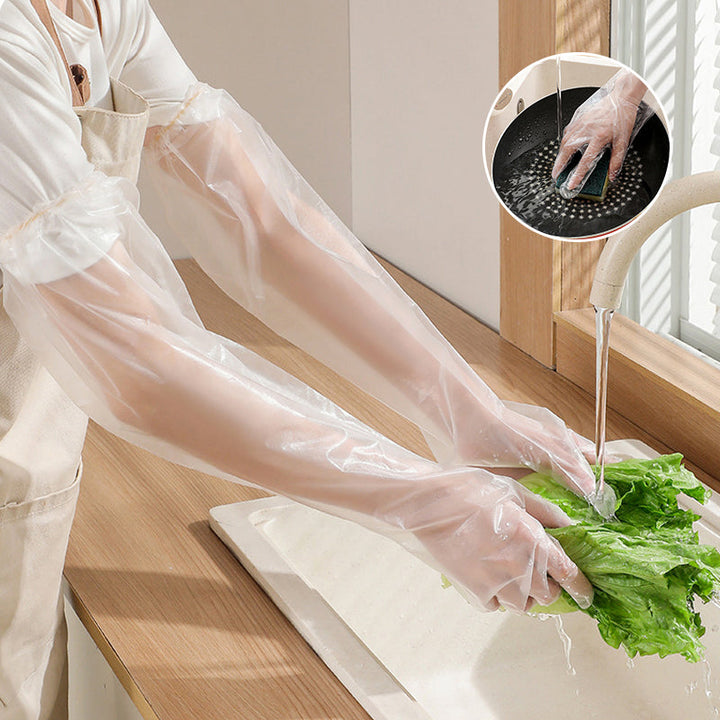 Unisex engångshandskar i plast, extra långa 60 cm, skyddar händer och armar. Perfekta för veterinär- och städarbete.