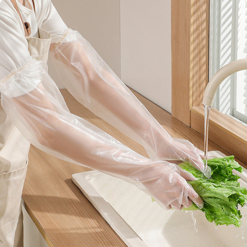 Unisex engångshandskar i plast, extra långa 60 cm, skyddar händer och armar. Perfekta för veterinär- och städarbete.