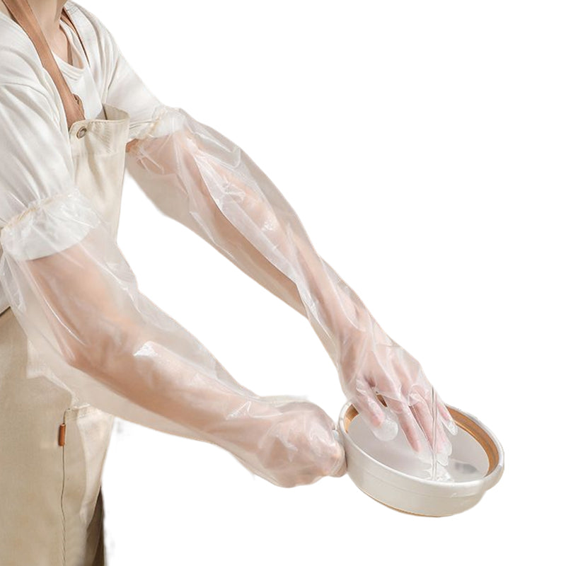 Unisex engångshandskar i plast, extra långa 60 cm, skyddar händer och armar. Perfekta för veterinär- och städarbete.