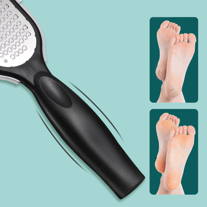 "Unisex exfolierande fotverktyg med ergonomiskt handtag och dubbelsidig användning för säker borttagning av död hud."
