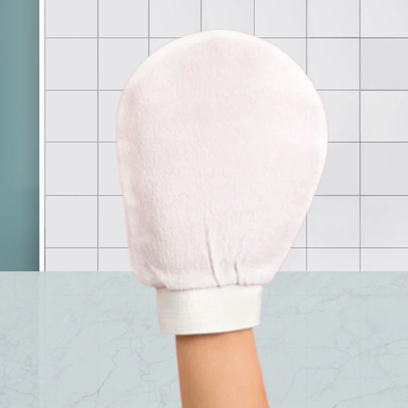 "Unisex exfolieringshandskar i viskos, böngrön och lila färg, tar bort död hud för mjukare hud."