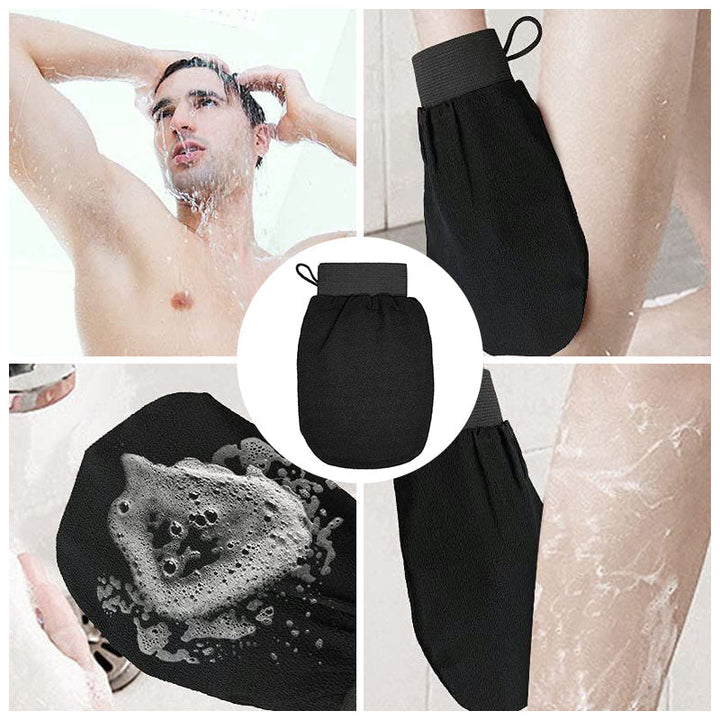 "Unisex exfolieringshandskar i viskos, böngrön och lila färg, tar bort död hud för mjukare hud."