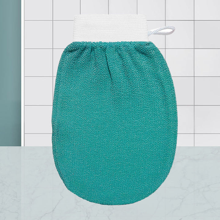 "Unisex exfolieringshandskar i viskos, böngrön och lila färg, tar bort död hud för mjukare hud."