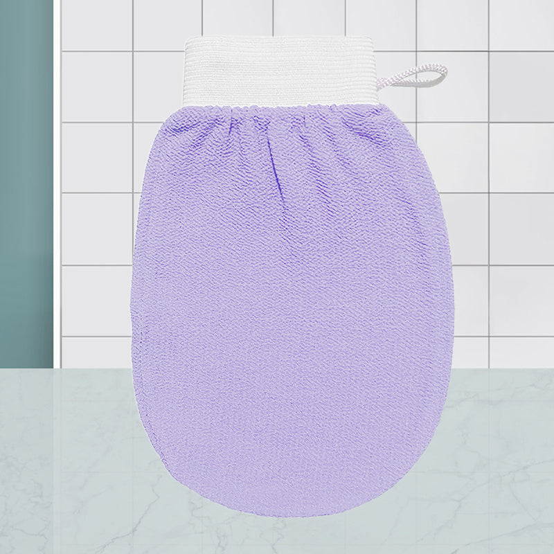 "Unisex exfolieringshandskar i viskos, böngrön och lila färg, tar bort död hud för mjukare hud."