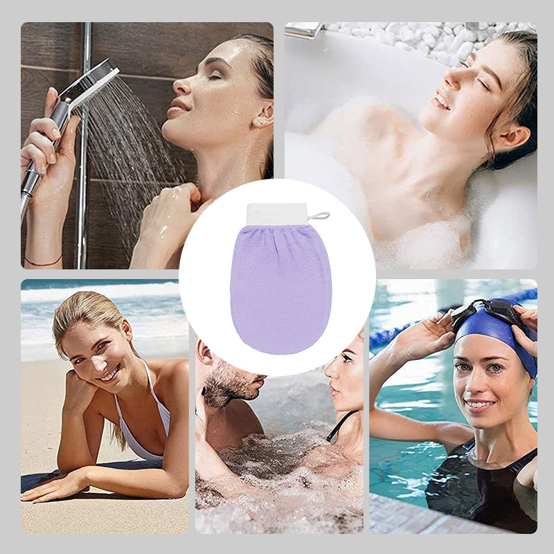 "Unisex exfolieringshandskar i viskos, böngrön och lila färg, tar bort död hud för mjukare hud."