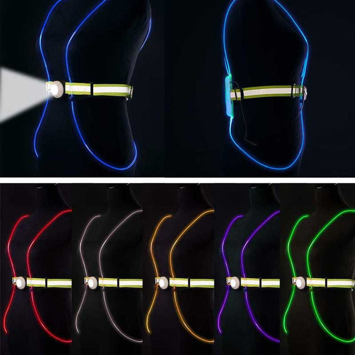 "Unisex flerfärgad reflekterande väst med LED-lampor, justerbara remmar, perfekt för nattsporter som löpning, cykling."
