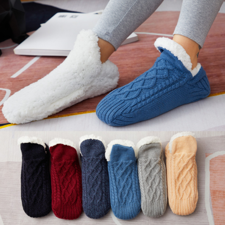 "Unisex fluffiga tofflor strumpor med halkfri silikon, mjuka akrylfiber, flera färger, storlek 35-45, värme och stil."