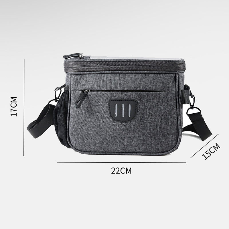 Unisex grå cykelväska med reflexremmar, rymlig design för nödvändigheter, lätt montering, stilren och säker.