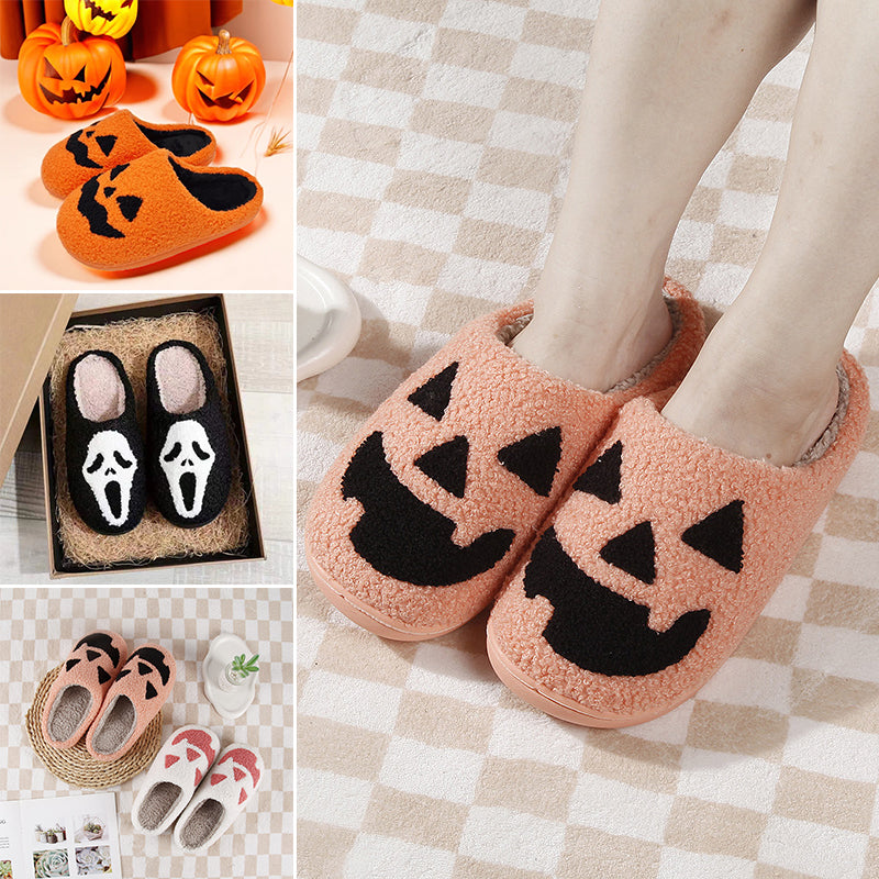Unisex Halloween-tofflor i plysch med pumpa- och spökdesign, mysiga slip-in skor, perfekt för festlig höstkomfort.