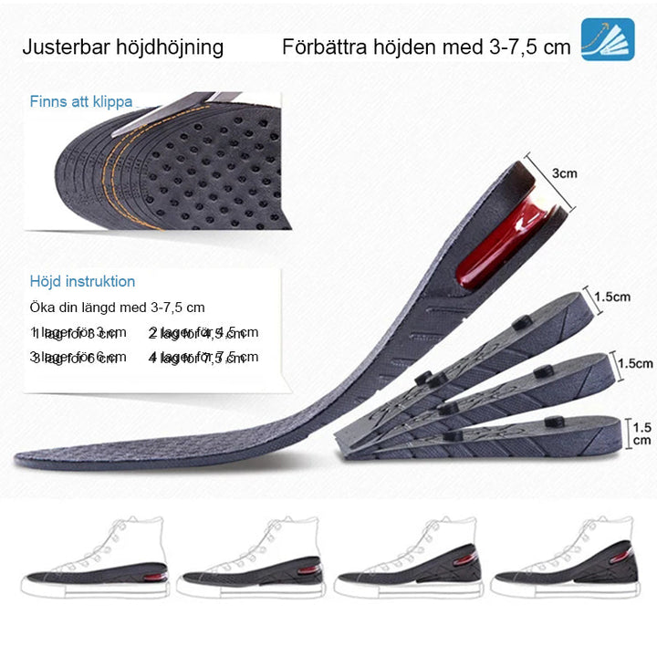 Unisex höjande innersula med luftkudde, diskret design, justerbar höjd 3-7,5 cm, bekväm, passar de flesta skomodeller.