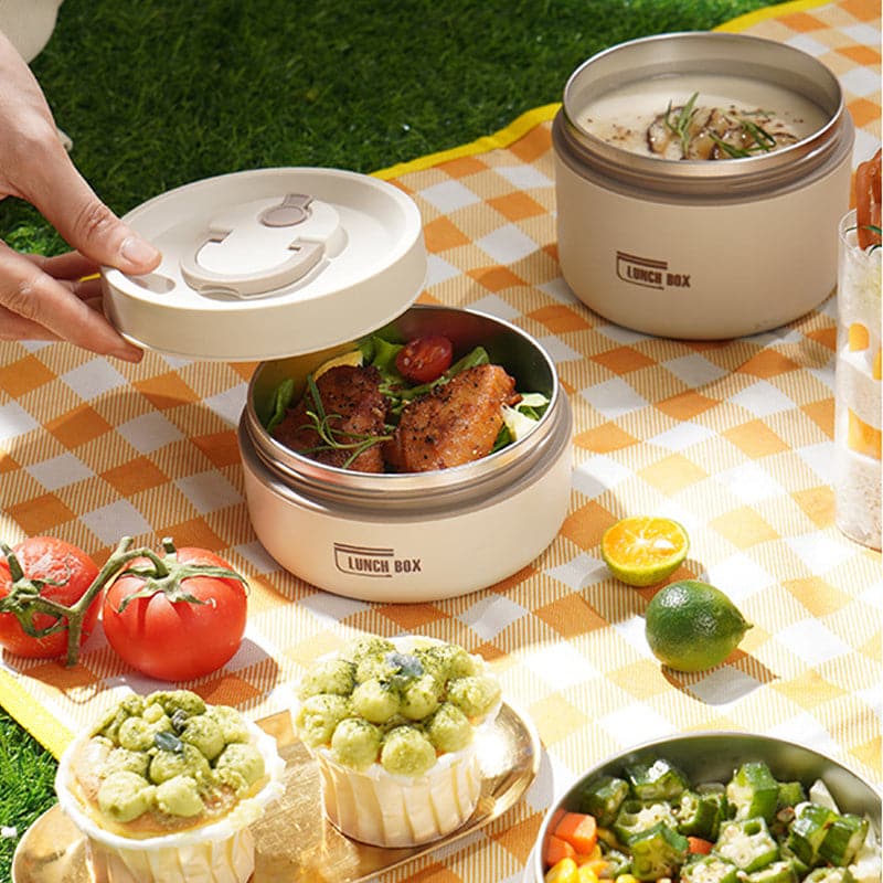 Portabel isolerad lunchlåda i rostfritt stål, unisex. Håller maten varm för skola, jobb, picknick.