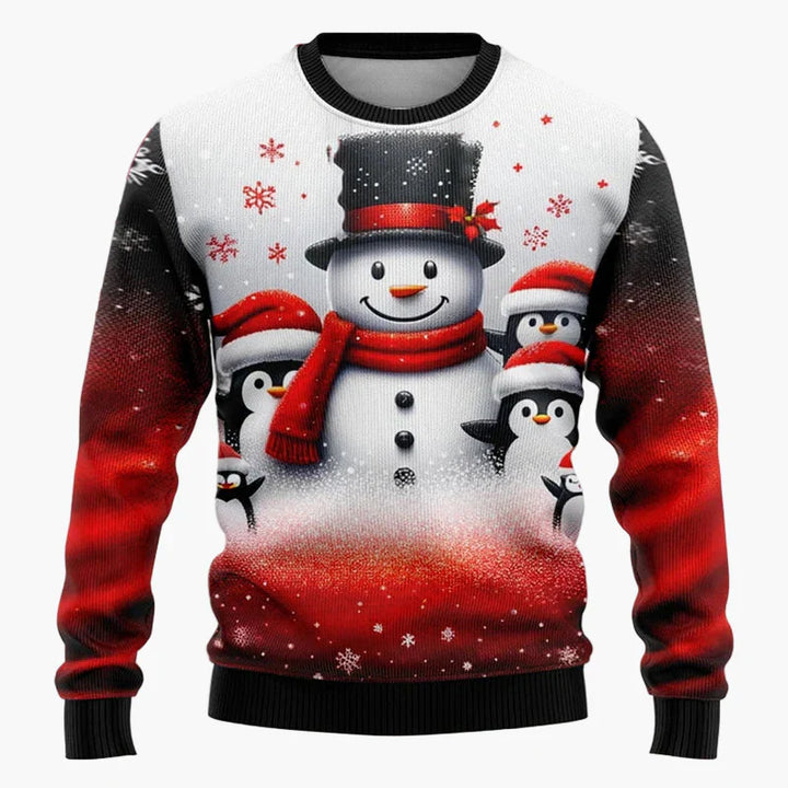 Person bär unisex jultröja med tomtar & snögubbar, för en mysig och festlig julkänsla. Julkläder.