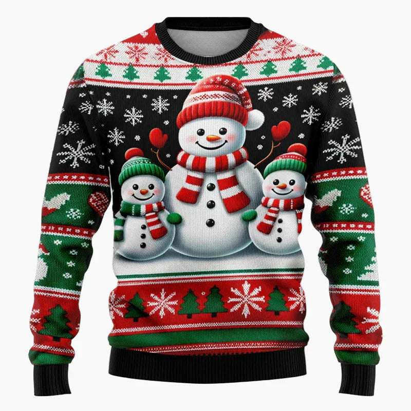 Julig tröja med unikt mönster av tomte & snögubbe, snygg för julens fester. Julmode 2023.