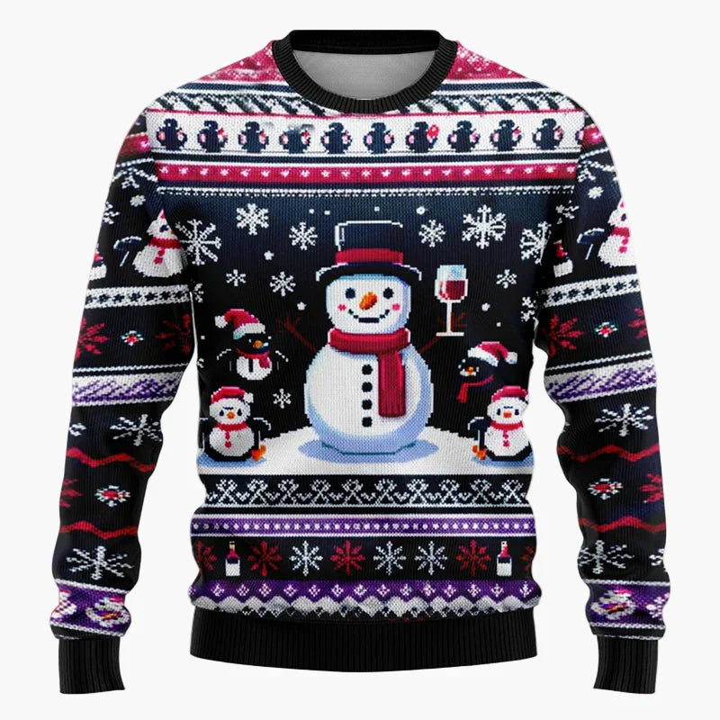 Unisex vintertröja med julmotiv, snögubbe och tomte för festliga julkläder. Mjuk och bekväm.
