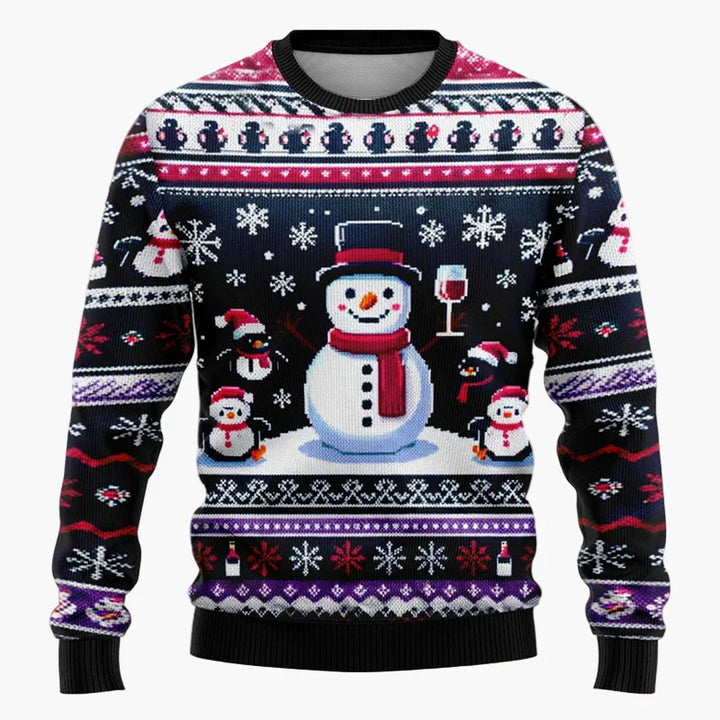 Unisex vintertröja med julmotiv, snögubbe och tomte för festliga julkläder. Mjuk och bekväm.