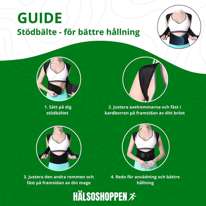Svart justerbart hållningsbälte som stödjer rygg och axlar, med komfort för vardagsbruk och ergonomi.