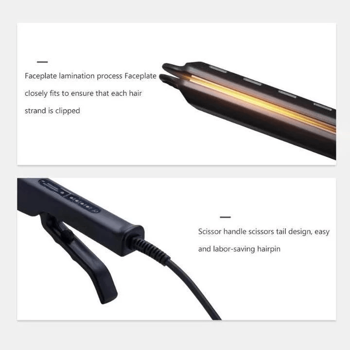 "Unisex keramisk turmalin plattång med ionisk teknik, ergonomisk design, för silkeslent och glansigt hår."