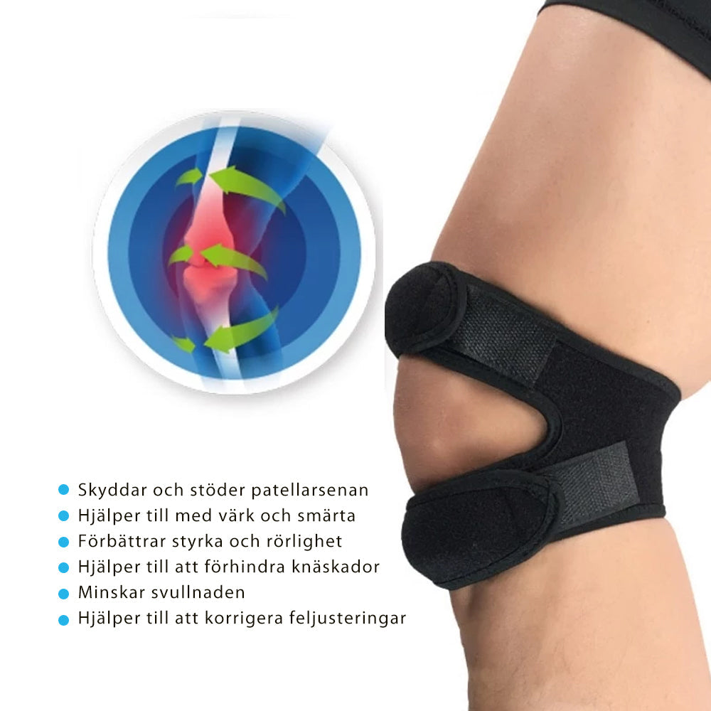 "Unisex knäskydd för smärtlindring och stabilisering, diskret design med dubbel rem, idealiska för sport och dagligt bruk."