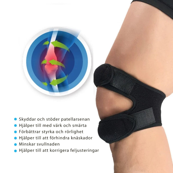 "Unisex knäskydd för smärtlindring och stabilisering, diskret design med dubbel rem, idealiska för sport och dagligt bruk."