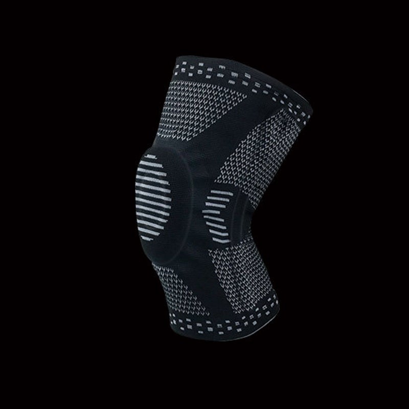 Unisex knäskydd för sport, grått och elastiskt med 3D-stickning, dubbel fjädring och anatomisk gelkudde för stabilitet.
