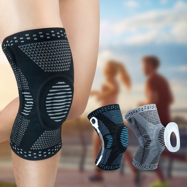 Unisex knäskydd för sport, grått och elastiskt med 3D-stickning, dubbel fjädring och anatomisk gelkudde för stabilitet.