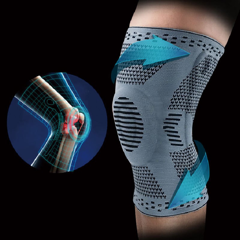 Unisex knäskydd för sport, grått och elastiskt med 3D-stickning, dubbel fjädring och anatomisk gelkudde för stabilitet.