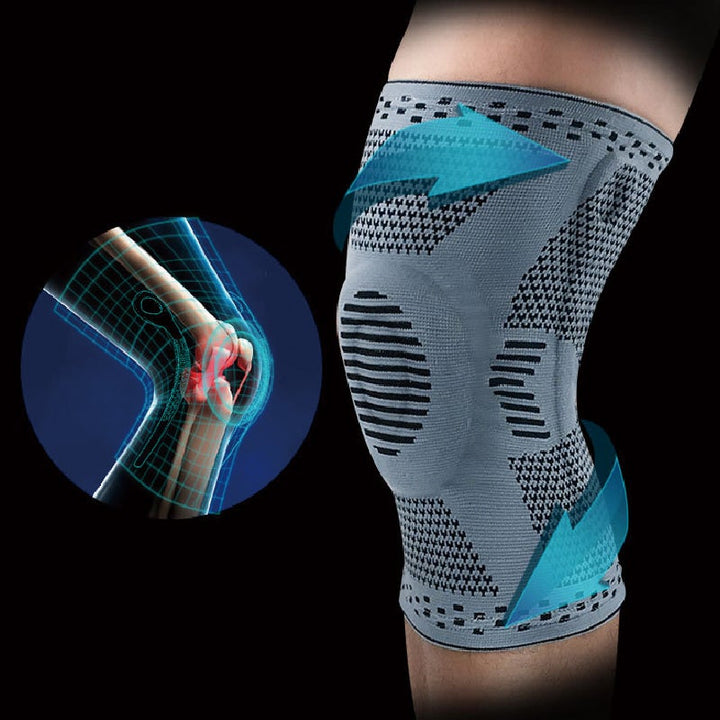 Unisex knäskydd för sport, grått och elastiskt med 3D-stickning, dubbel fjädring och anatomisk gelkudde för stabilitet.