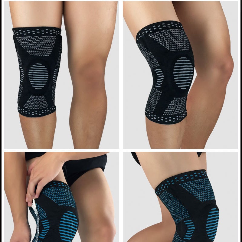 Unisex knäskydd för sport, grått och elastiskt med 3D-stickning, dubbel fjädring och anatomisk gelkudde för stabilitet.