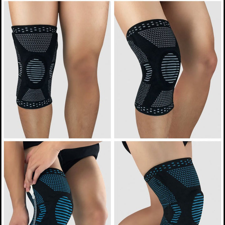 Unisex knäskydd för sport, grått och elastiskt med 3D-stickning, dubbel fjädring och anatomisk gelkudde för stabilitet.