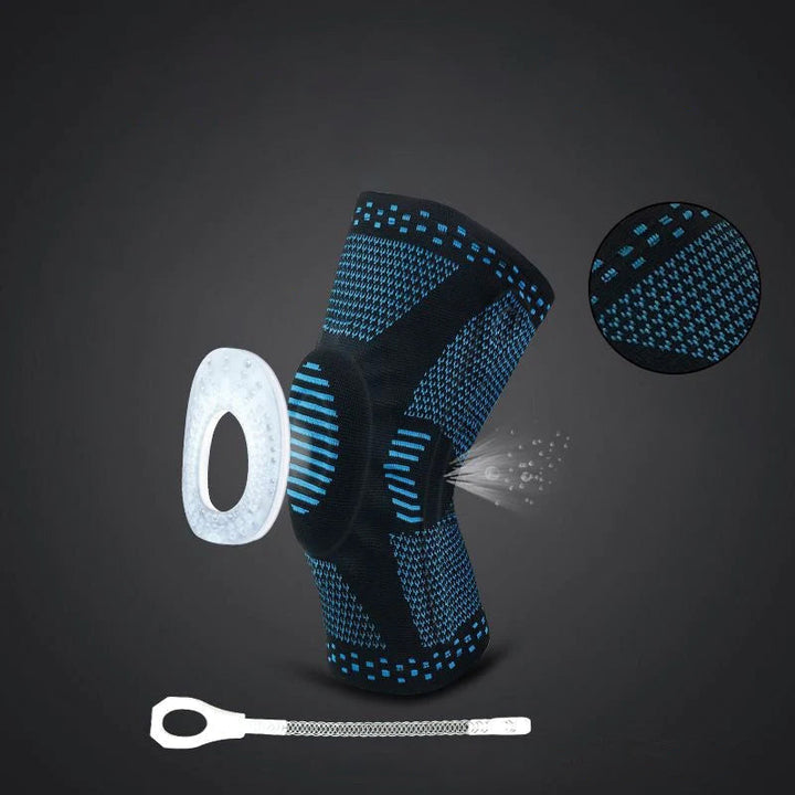 Unisex knäskydd för sport, grått och elastiskt med 3D-stickning, dubbel fjädring och anatomisk gelkudde för stabilitet.