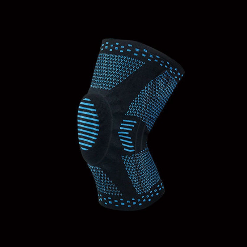 Unisex knäskydd för sport, grått och elastiskt med 3D-stickning, dubbel fjädring och anatomisk gelkudde för stabilitet.