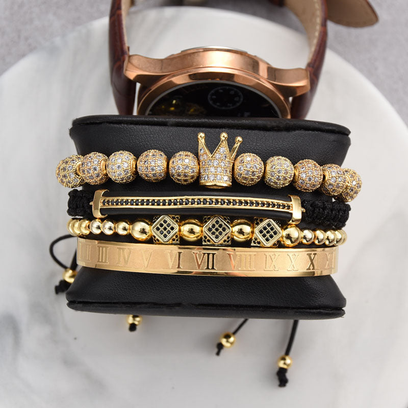 "Unisex kronarmband med zirkonkrona i flera färger: silver, guld, svart, ros guld; stilrent och elegant smycke."