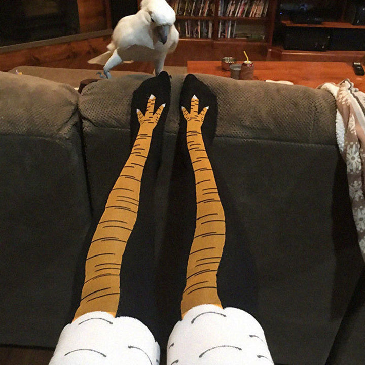 "Unisex kycklingbenstrumpor, bomull, humoristisk design, över/under knäet, svart/rosa/vit, accessoarer, EU storlek 37-43."