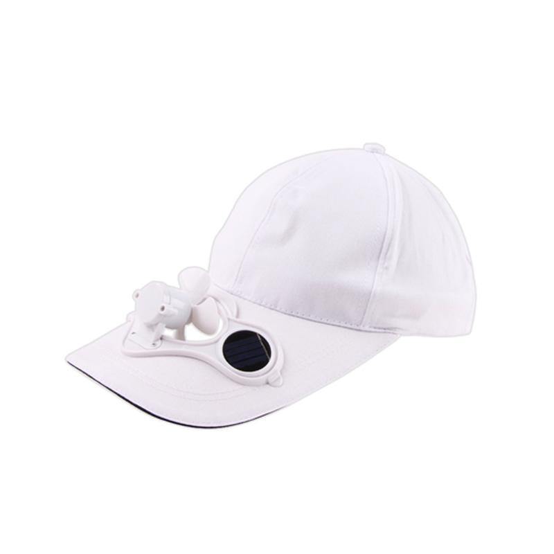 Unisex kylkeps med solcellsfläkt i blått. Lätt polyestermaterial, justerbar passform, perfekt för vandring och cykling.